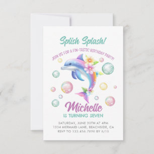 Dolfijn Splish Splash Girl Verjaardag Uitnodiging