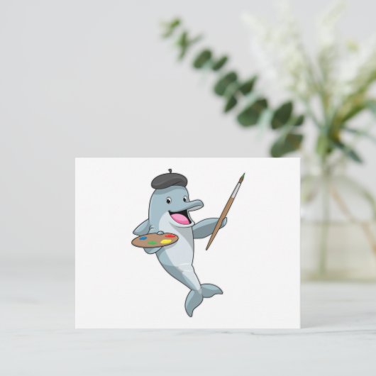 Dolfijnen als schilder met penseel en kleur verf briefkaart (Staand voorkant)