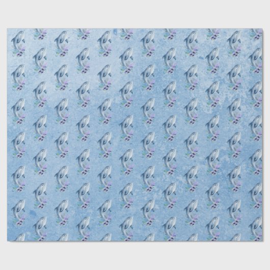 Dolfijnen en bloemen op blauw cadeaupapier (Vlak)