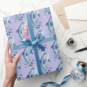 Dolfijnen en bloemen op Paars Cadeaupapier