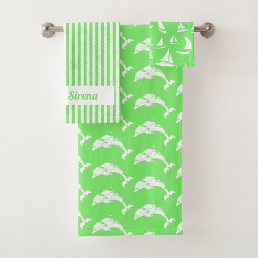 Dolfijnen en zeilboten, groen wit bad handdoek (Insitu)