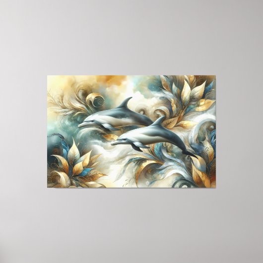 Dolfijnen Gouden Botanisch Dreamscape Canvas Afdruk (Voorkant)