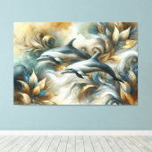 Dolfijnen Gouden Botanisch Dreamscape Canvas Afdruk (Insitu (Houten vloer))