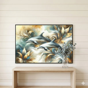Dolfijnen Gouden Botanisch Dreamscape Canvas Afdruk