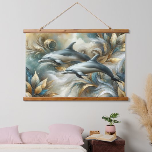 Dolfijnen Gouden Botanisch Dreamscape Hangend Wandkleed (Slaapkamer)