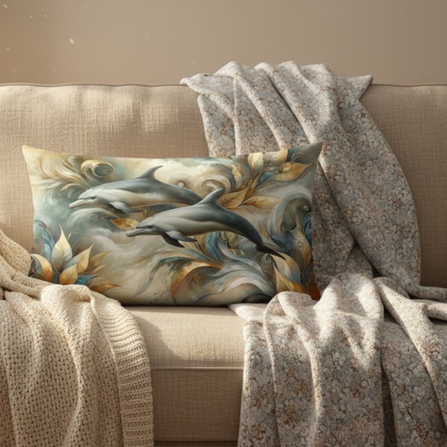 Dolfijnen Gouden Botanisch Dreamscape Kussen (Dolphins Golden Botanical Dreamscape Lumbar Pillow Mockup)