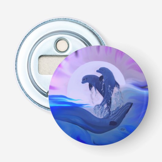 Dolfijnen in de maan button flesopener (Voorkant)