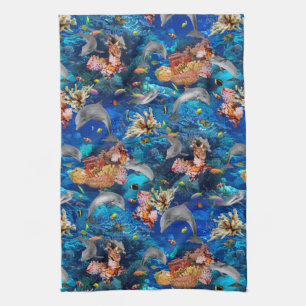 Dolfijnen onder de oceaan met koraalrif theedoek