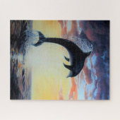 Dolfijnen springen uit zee bij zonsondergang/zonso legpuzzel (Horizontaal)