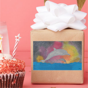 Dolfijnen tegen een sterrenstelsel aan de hemel rechthoekige sticker