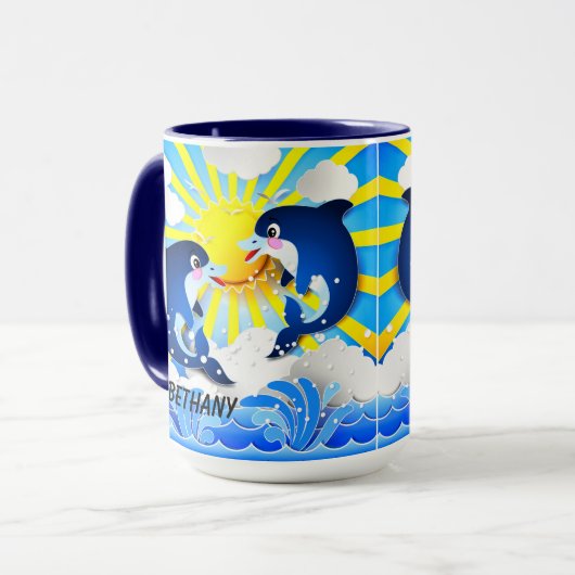 Dolfijnen & Zon Personaliseren Voeg Jouw naam Blau Mok (Voorkant links)