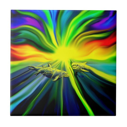 Dolfijnfamilie in de zon tegeltje (Voorkant)