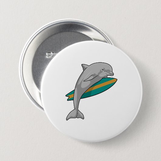 Dolfine als Surfer met Surfboard Ronde Button 7,6 Cm (Voorkant /achterkant)