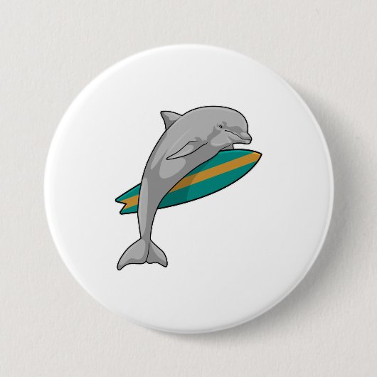 Dolfine als Surfer met Surfboard Ronde Button 7,6 Cm (Voorkant)