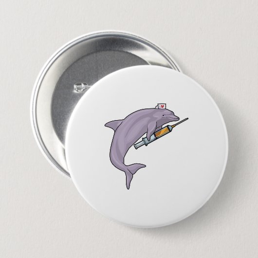 Dolfine als verpleegster met spuit ronde button 7,6 cm (Voorkant /achterkant)