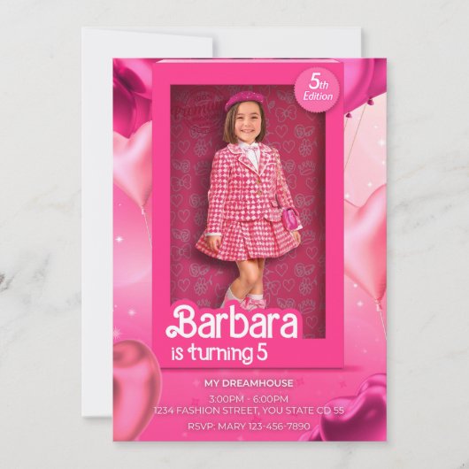 Doll Box Birthday Invitation - Barbie-Inspired Pin (Devant)