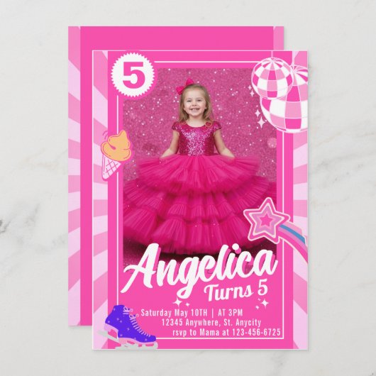 Doll Pink Birthday Invitation Kaart (Voorkant / Achterkant)