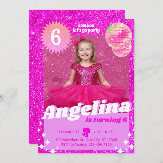 Doll Pink Gilter Invitation Birthday Party Feestdagenkaart (Voorkant / Achterkant)
