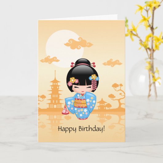 Doll van Kokeshi van Maiko - de Leuke Verjaardag Kaart (Gele Bloem)