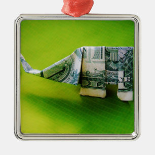 Dollar bill origami Elephant on Green background Metalen Ornament