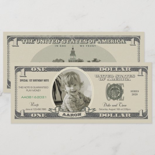 Dollar Bill Uitnodiging voor een eerste verjaardag (Voorkant / Achterkant)