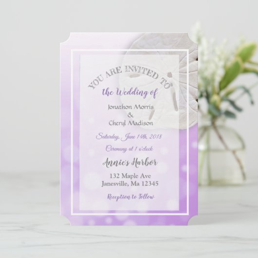 Dollar De Sable Violet Thème Mariage Invitations (Debout devant)