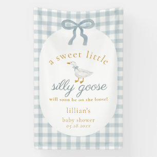 Dolle Gans Op Vrije Voeten Blauwe Gingham Baby Sho Spandoek