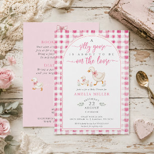 Dolle Gans op Vrije Voeten Roze Gingham Baby Showe Kaart