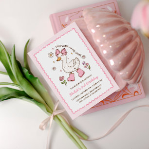 Dolle Gans op Vrije Voeten Roze Strik Bloemen Kaart