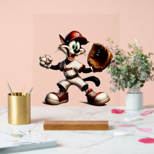Dolle kat-honkbalpitcher maakt zich op acryl bord