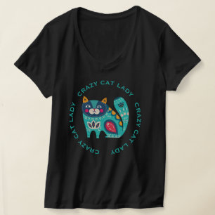 Dolle Kat Vrouw, Gestileerde Kleurrijke Kat Illust T-shirt