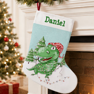 Dolle T Rex-dinosaurus met naam Kerstmis Kleine Kerstsok