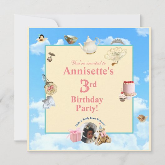 Dolly Tea Party Invitation - Black Birthday Girl (Devant)