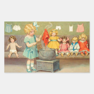 Dolly Wasserij Meisje Spelen Dolls Schattig Rechthoekige Sticker