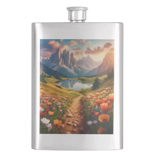 Dolomieten -stijl reisposter met meer flacon (Voorkant)