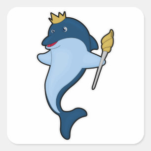 Dolphin als koning met staf en kroon vierkante sticker