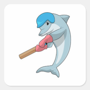 Dolphin at Cricket with Cricket bat Vierkante Sticker