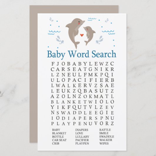 Dolphin Baby shower Word Search Game (Voorkant / Achterkant)