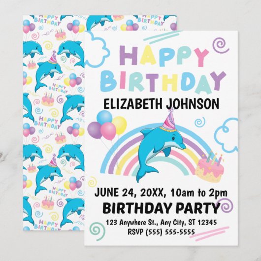 Dolphin Birthday Invitation in White (Devant / Derrière)