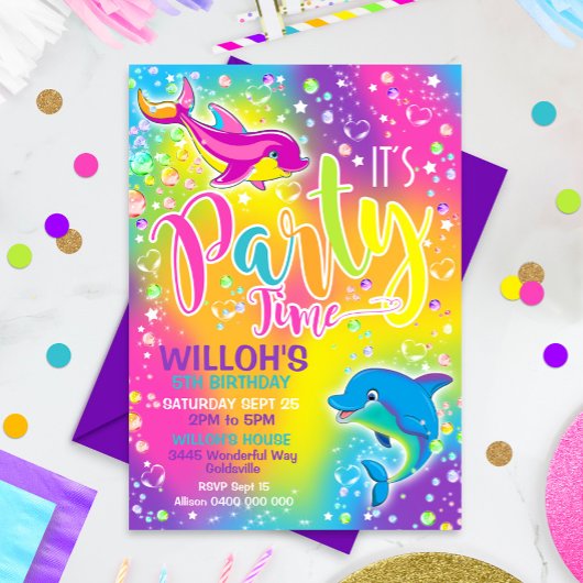 Dolphin Birthday Invitation Rainbow Dolphin Invite Kaart