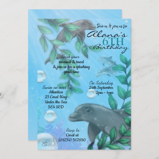 Dolphin Birthday Party Invitations Kaart (Voorkant / Achterkant)