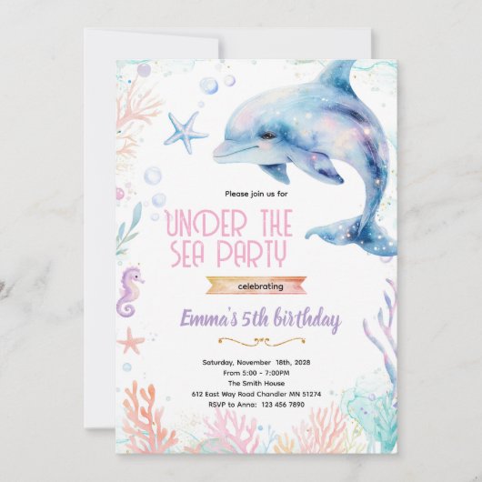 Dolphin birthday theme party invitation (Devant)