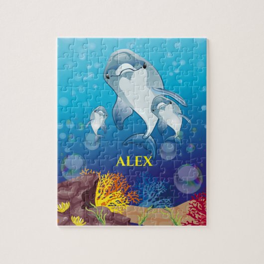 Dolphin kinder puzzel met de naam van het kind. legpuzzel (Verticaal)