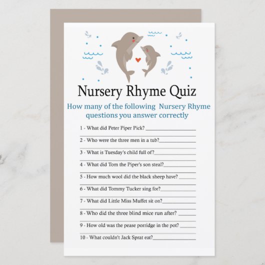 Dolphin Nursery Rhyme Quiz baby shower game (Voorkant / Achterkant)
