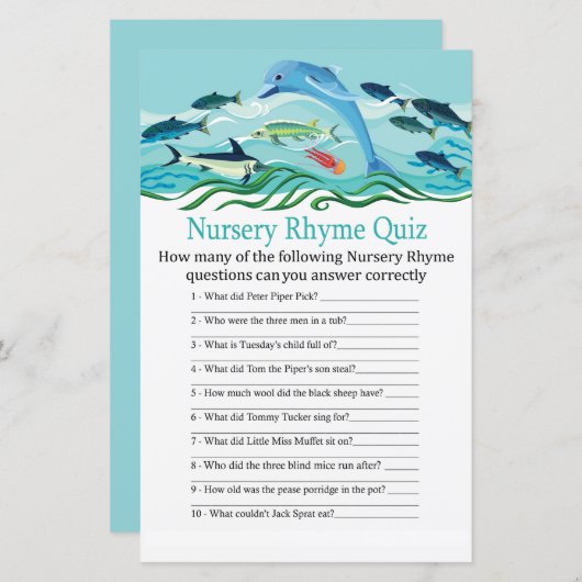 Dolphin Nursery Rhyme Quiz baby shower game (Voorkant / Achterkant)