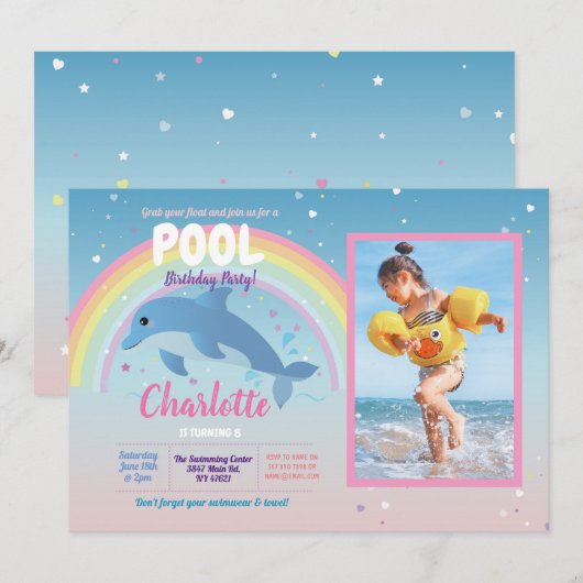 Dolphin Photo Pool Party Birthday Float Rainbow Kaart (Voorkant / Achterkant)
