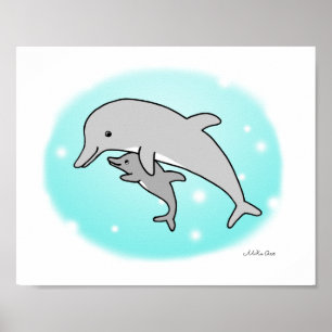 Dolphin Poster Cute Ma & Baby Dolphin Nursery Art