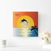DOLPHIN SILHOUETTE BIJ SUNSET SQUARE WALL CLOCK VIERKANTE KLOK (Huis)