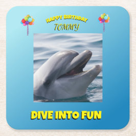 Dolphin Splash Birthday Vierkante Kartonnen Onderzetter