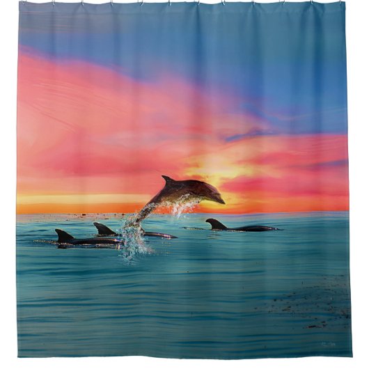 Dolphin Tropical Beach Sunset Seascape Douchegordijn (Voorkant)